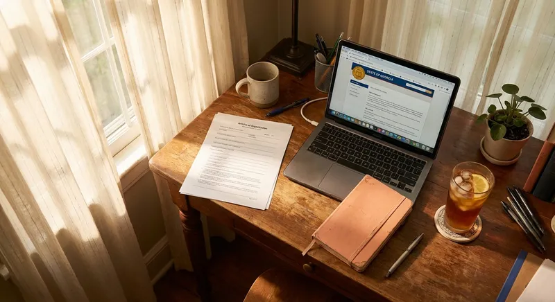 Georgia LLC formation documents and laptop showing eCorp filing portal